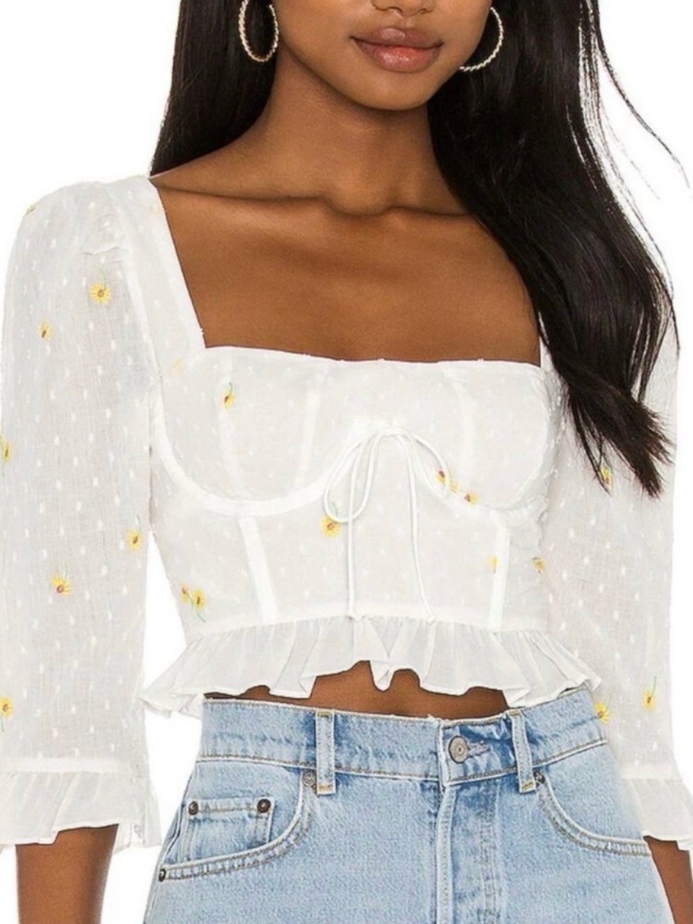 For Love & Lemons  Embroidered Peasant Crop Top with Ruffle Hem Small